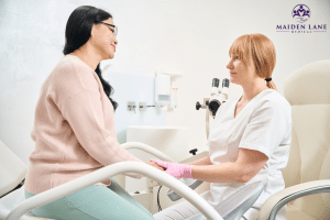 A woman at the doctor for an Endometriosis consultation in New York.